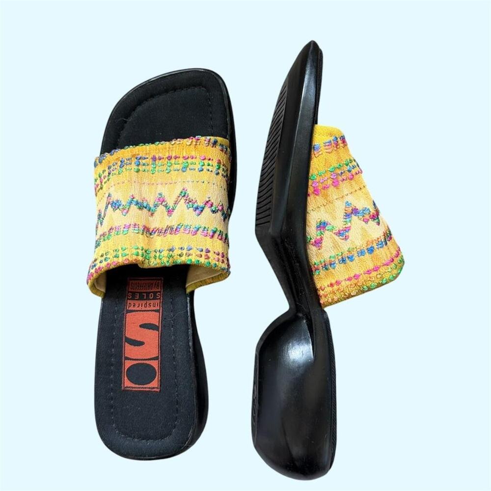 Colorful embroidered platform sandals with a boho vibe